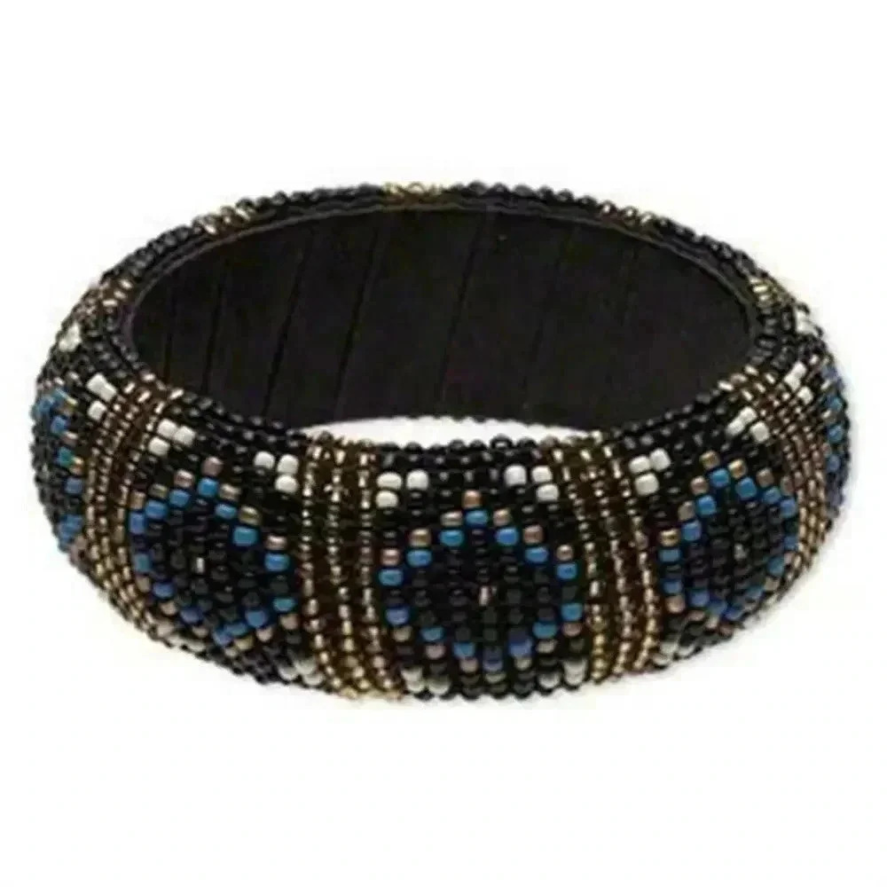 Hand Crafted India Beaded Bangle Bracelet Black Gold Blue White Fair Trade